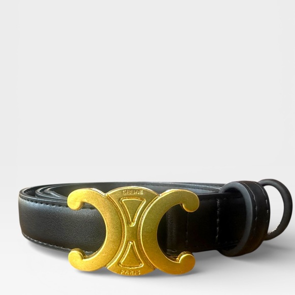 Celine Paris Black Leather Triomphe Belt Gold Hardware EU 110 Never Worn w/ Box - Picture 2 of 11